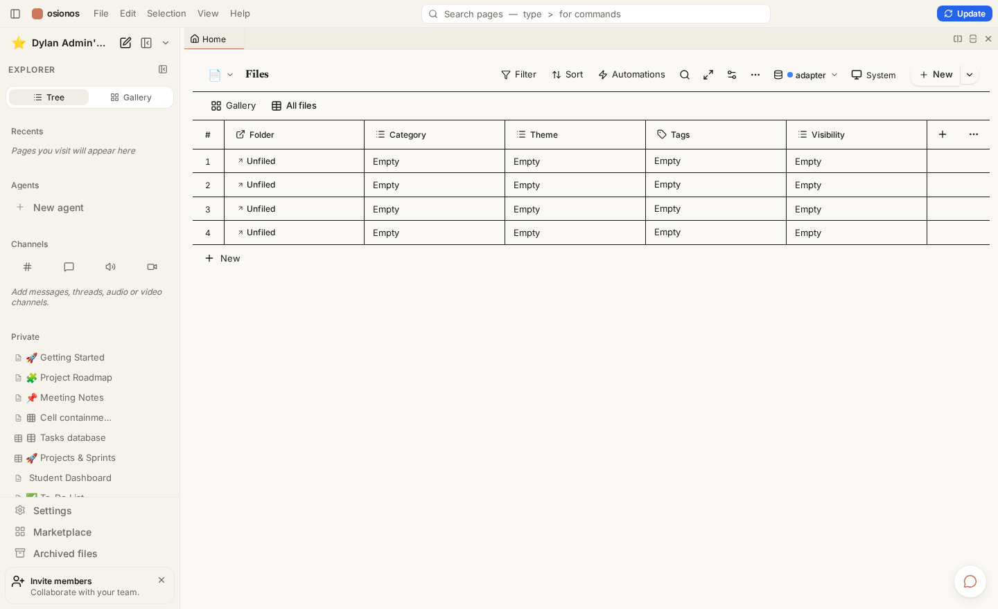 A live database rendered as a Notion-style grid view inside osionos.