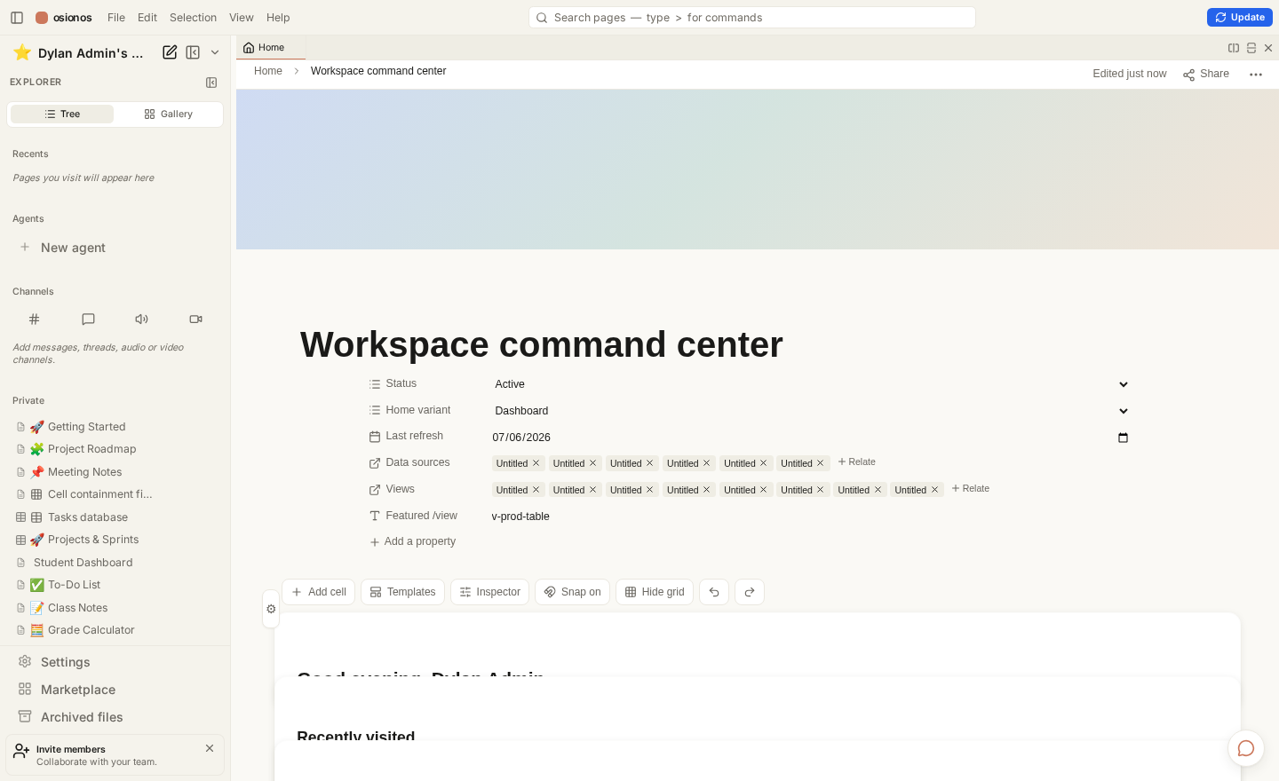 The osionos workspace: a VSCode-style shell with a page explorer, channels, and a live-database home pane.