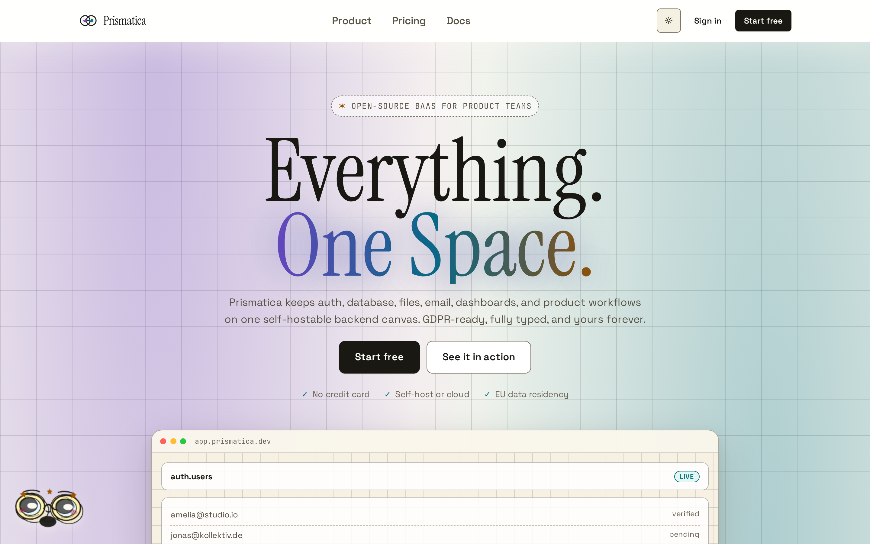 The Prismatica marketing website hero: Everything. One Space.